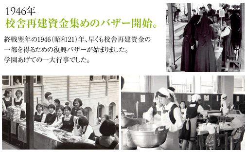 1946年校舎再建資金集めのバザー開始。